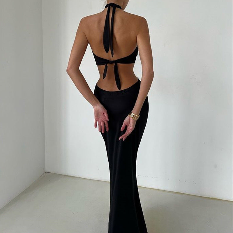 Women's Dresses Sexy Fashion Stitching Neck Straps Backless Long Dress