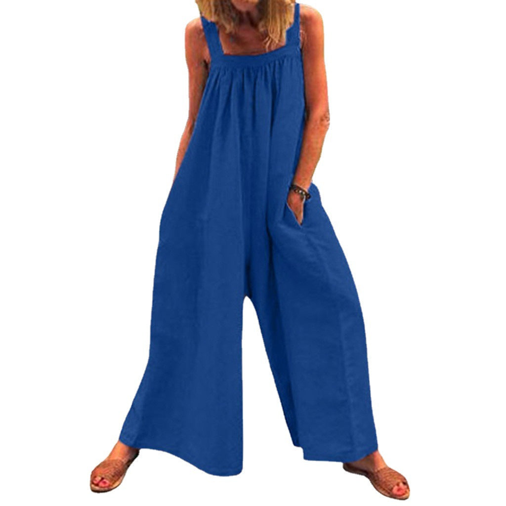 Ladies Cotton Linen Solid Color Bib Jumpsuit