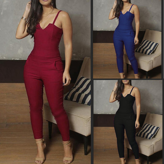 Ladies Summer Solid Color Skinny Jumpsuit High Stretch Suspender