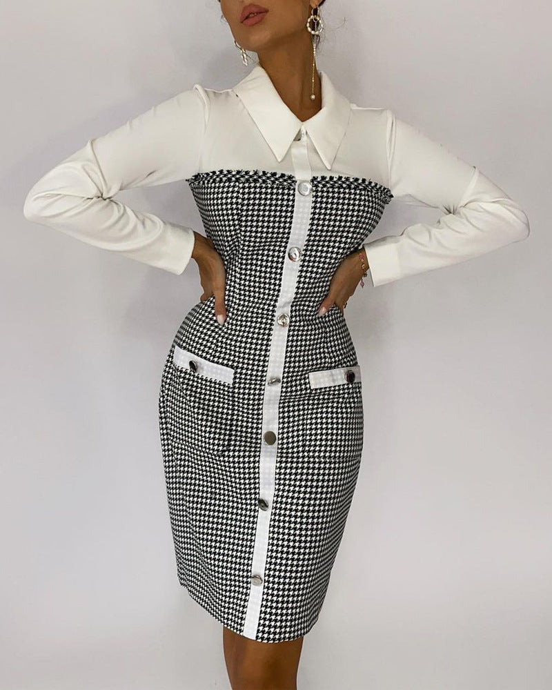 New European And American Stitching Houndstooth Dress