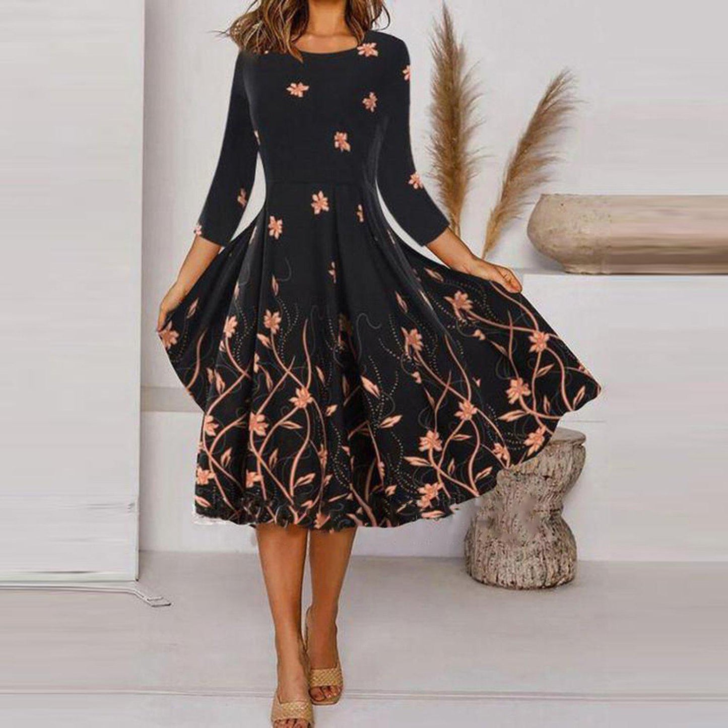 Women's Clothing New Positioning Printed Round Neck Long Sleeve Dress