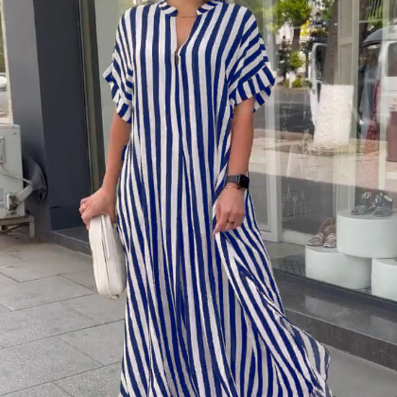 Women's Clothing Fashion Side Slit Striped Cardigan Short Sleeve Dress