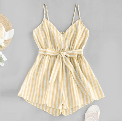 Striped Print Jumpsuit Ladies Suspenders V-neck Jumpsuit One-piece Skirt Pants