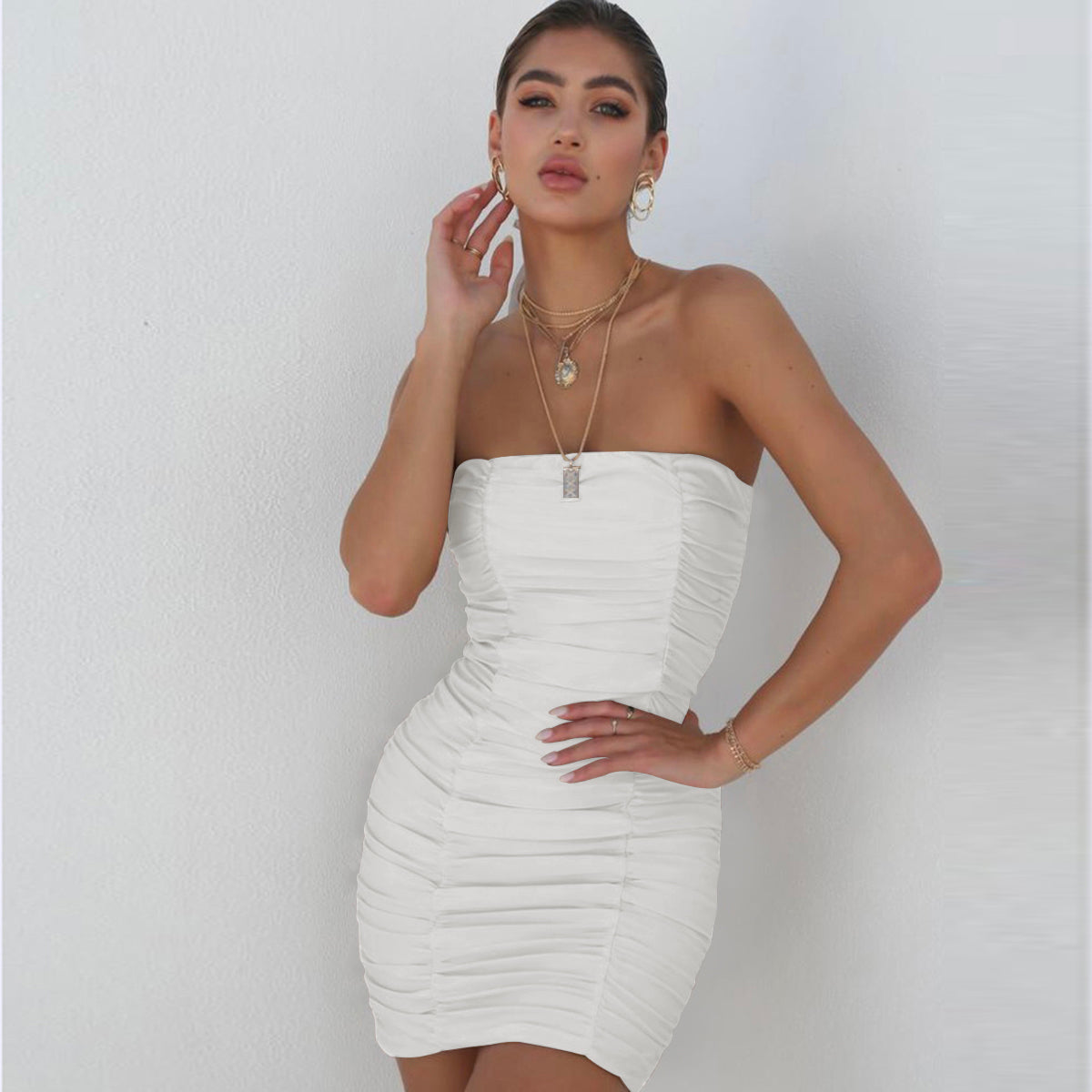 Sexy Tube Top Nightclub Pleated Hip Dress