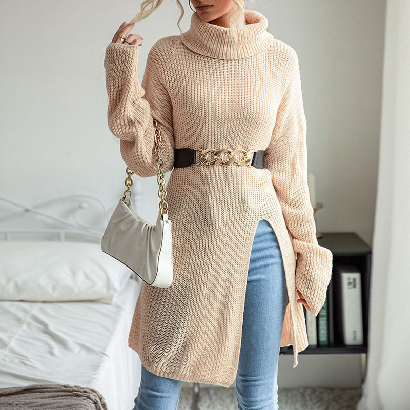 Women's Wear Pure Color Split Long Sleeve High Collar Sweater Dress