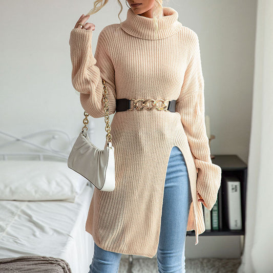 Women's Wear Pure Color Split Long Sleeve High Collar Sweater Dress