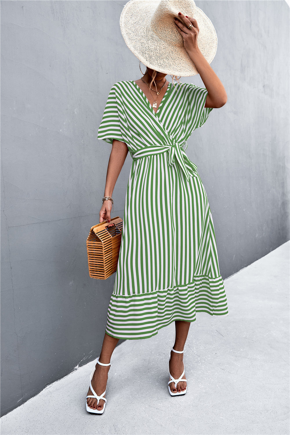 Hot Selling Product Cross V-neck Lace-up Striped Dress