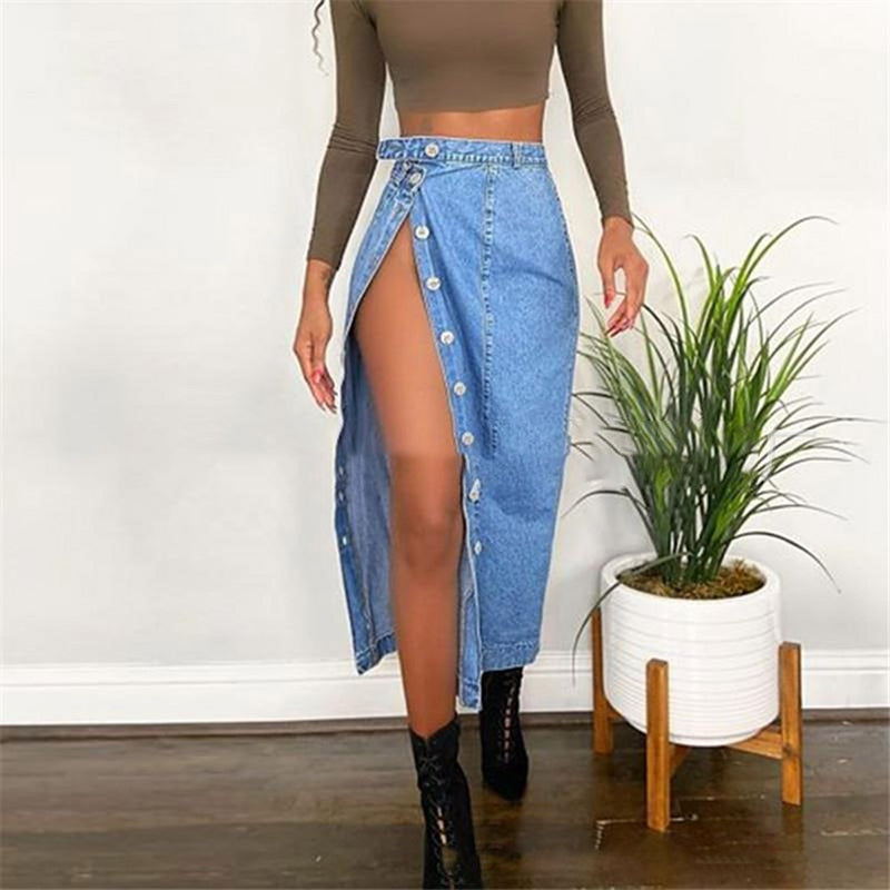 European and American casual denim skirt split hip skirt