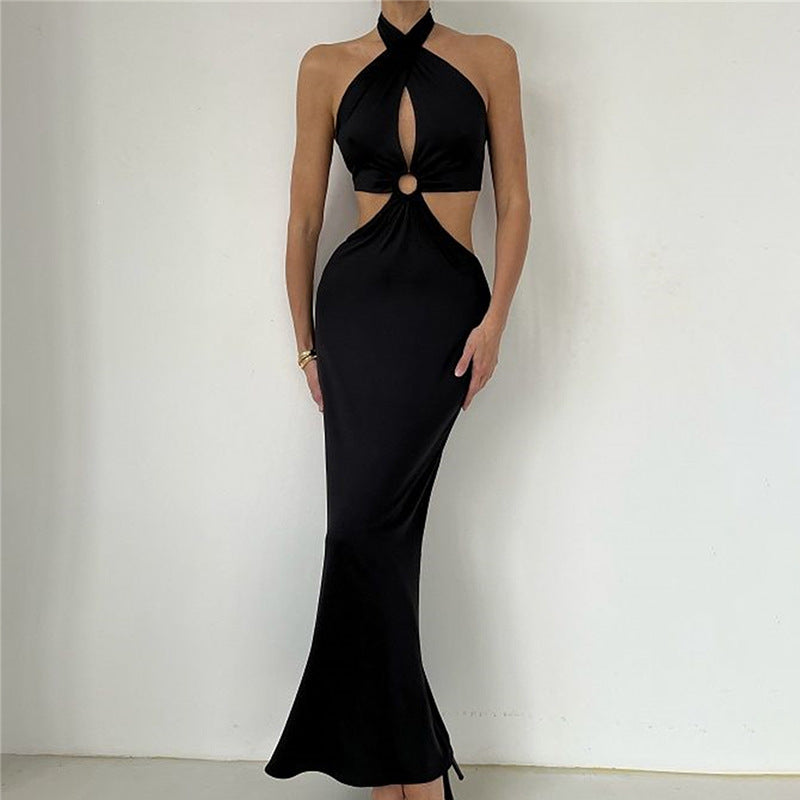 Women's Dresses Sexy Fashion Stitching Neck Straps Backless Long Dress