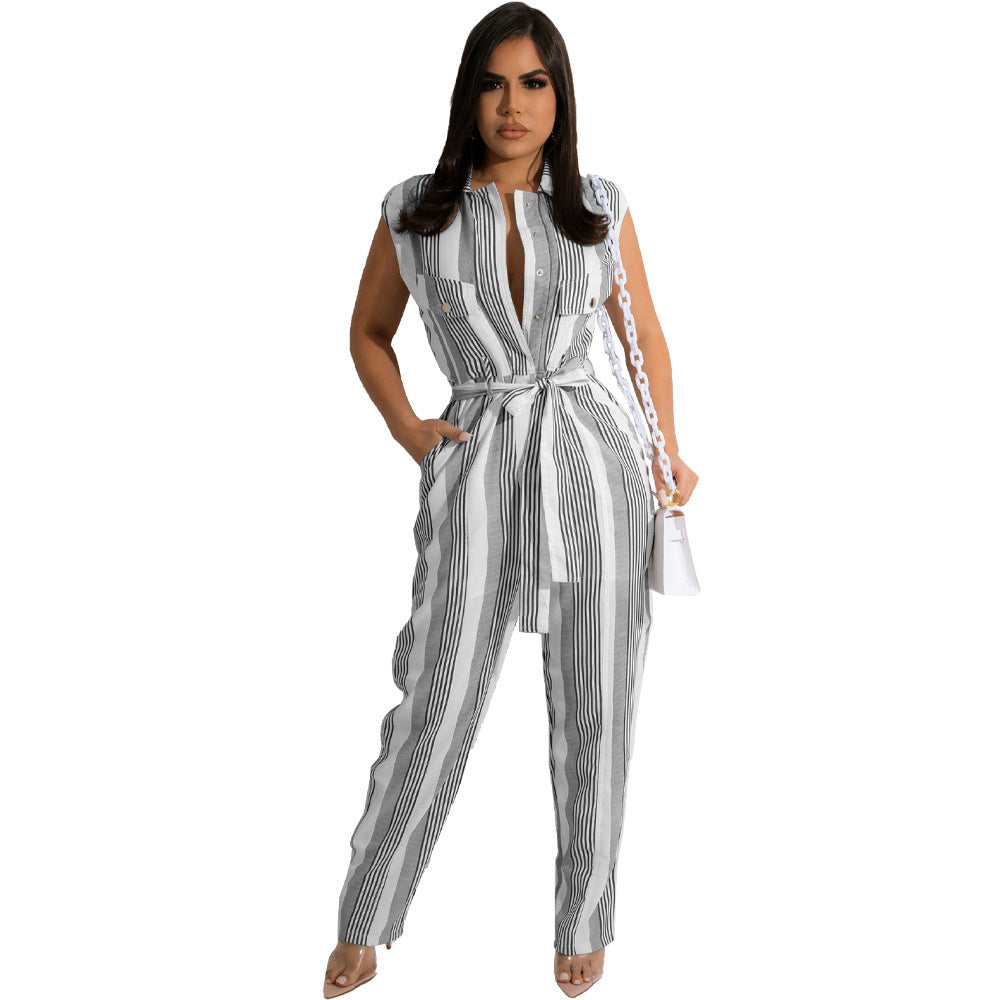 Ladies Fashion Stripe Print Belt Jumpsuit Colorblock