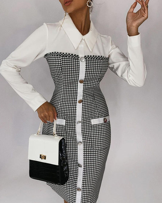 New European And American Stitching Houndstooth Dress