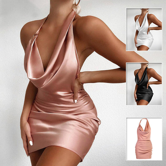 Satin Dress V Neck Backless Mini Sleeveless