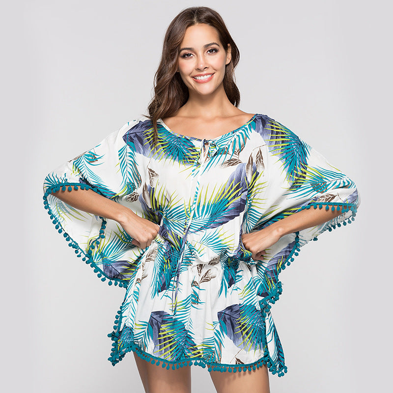 Bat Sleeve Fringed Short Print Dress