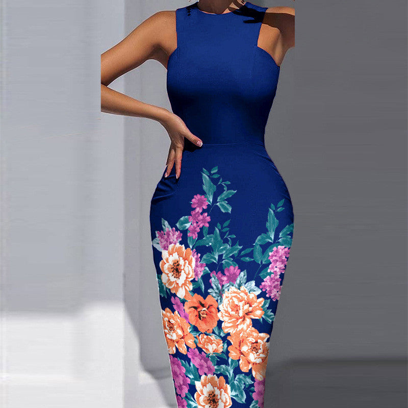 European And American Women's Printed Sleeveless Slit Dress