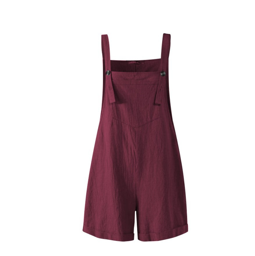 Ladies Pocket Button Casual Suspender Shorts Jumpsuit