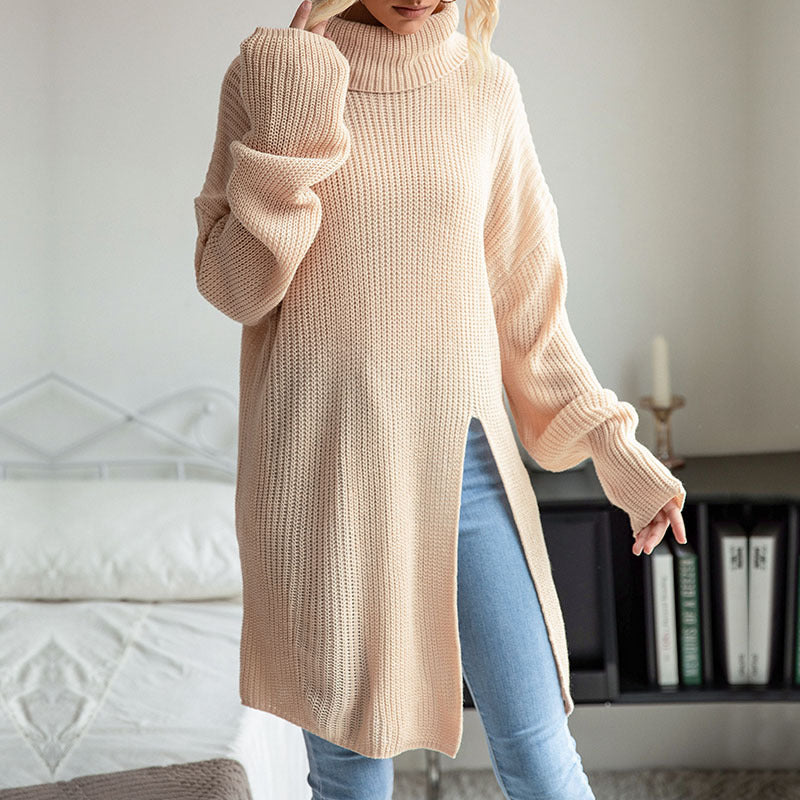 Women's Wear Pure Color Split Long Sleeve High Collar Sweater Dress