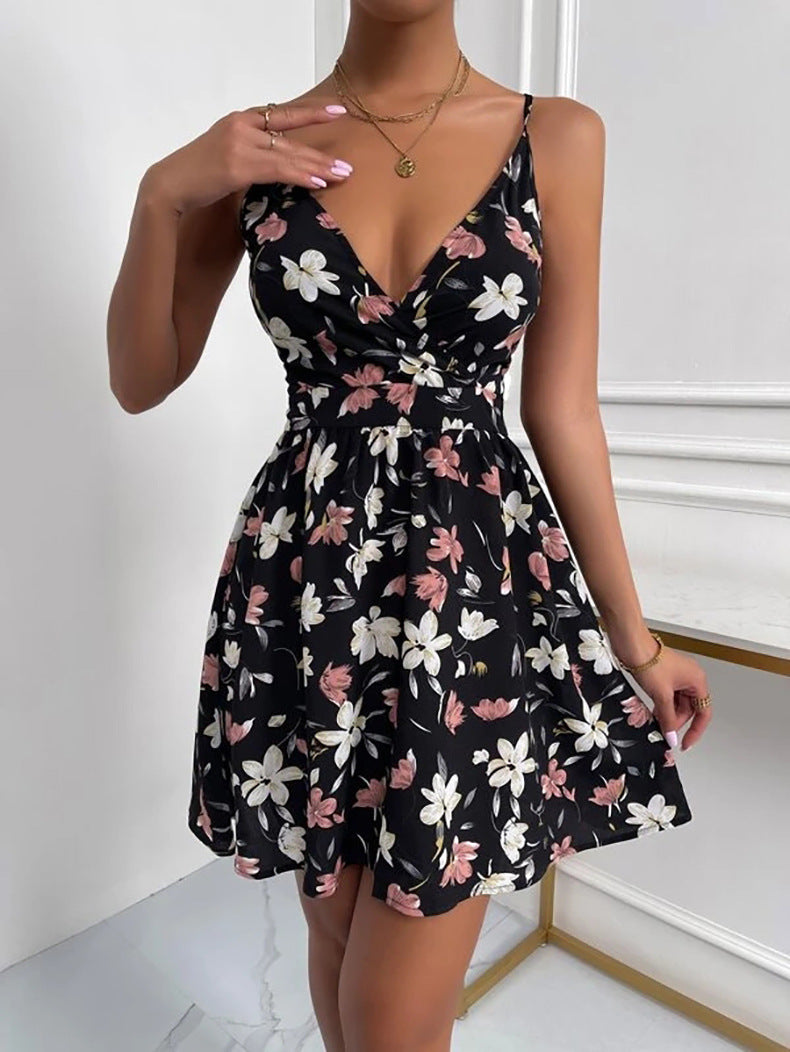 Suspender Skirt V-neck Pullover Sleeveless Print Dress