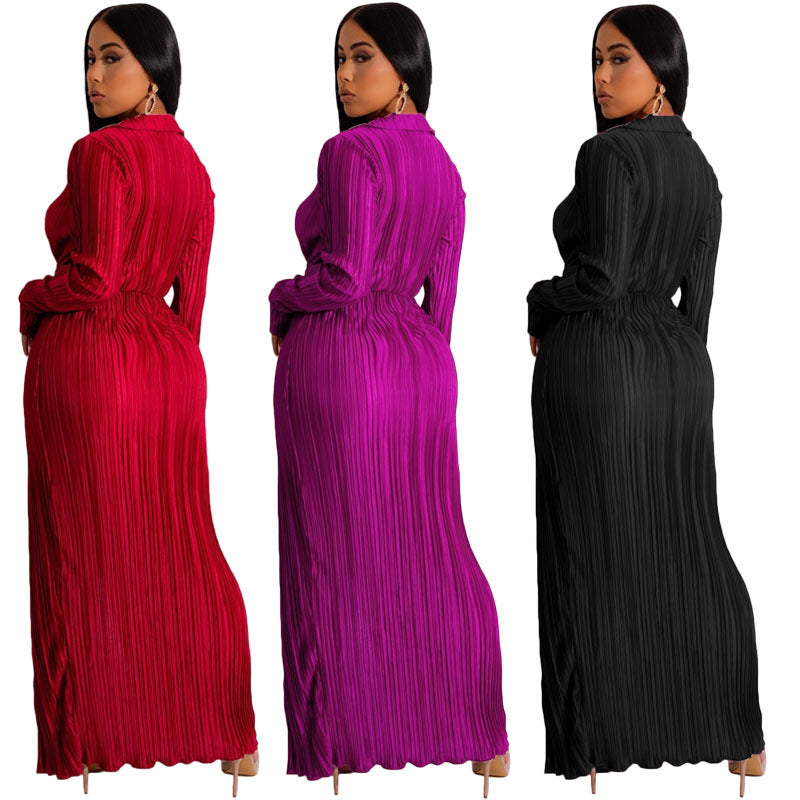 Slit Dress Autumn And Winter New V-neck Long Sleeve Pleated Dress