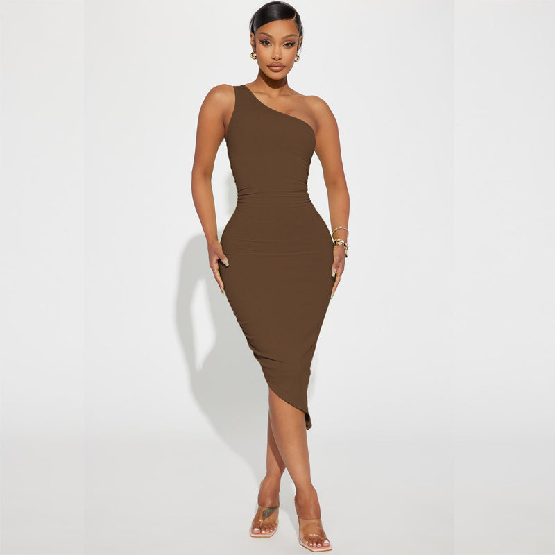 European And American Sexy Fashion Thread Oblique Shoulder Dress