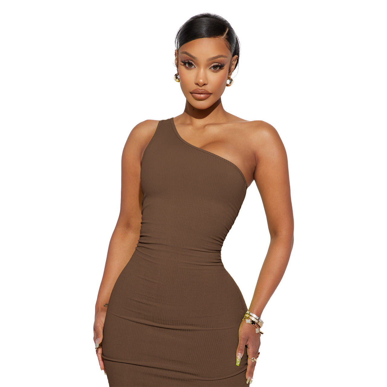 European And American Sexy Fashion Thread Oblique Shoulder Dress