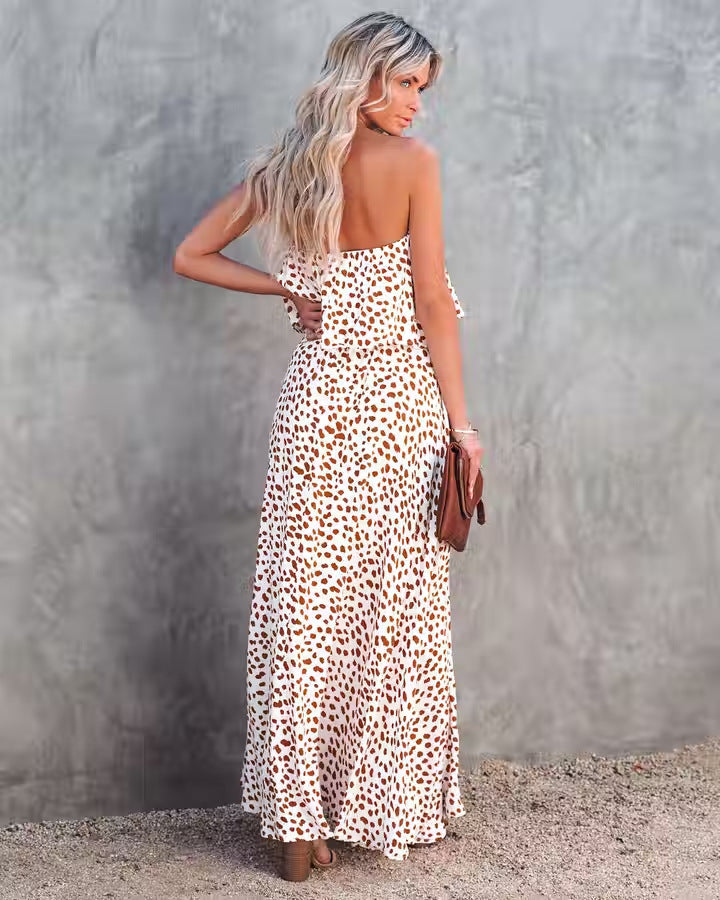 Leopard Print Floral-print Off-shoulder Ruffled Slit Dress