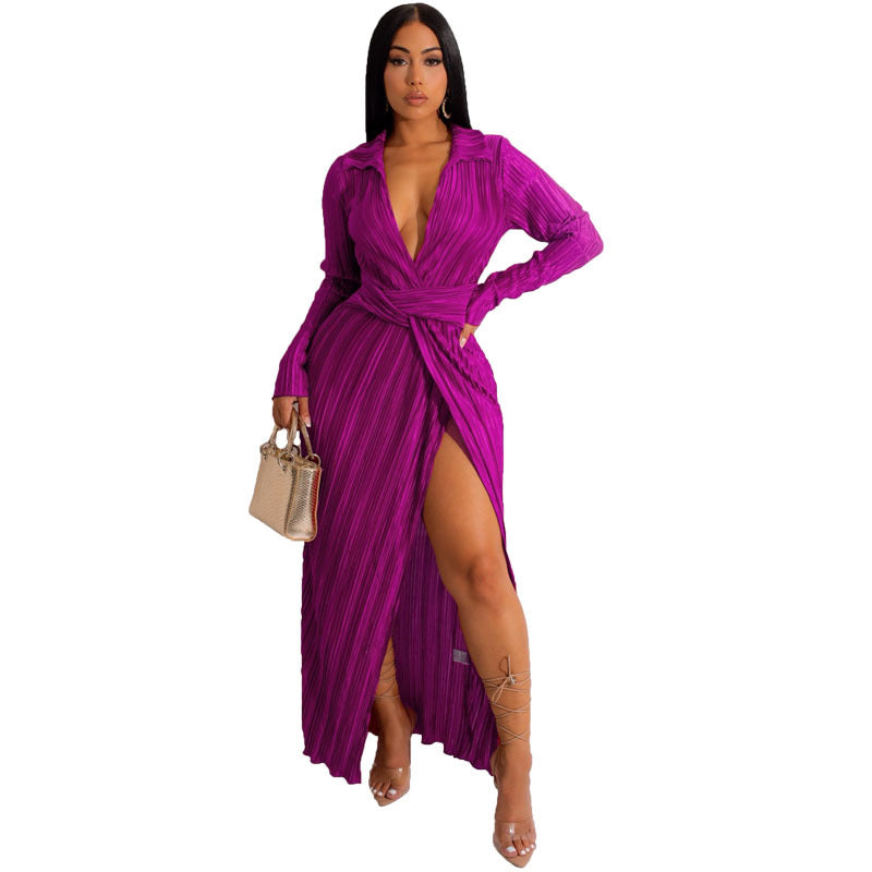 Slit Dress Autumn And Winter New V-neck Long Sleeve Pleated Dress