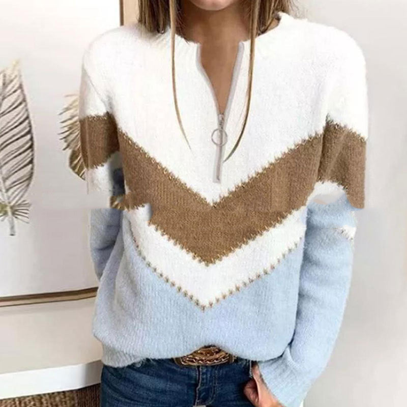 European And American Long Sleeved V-shaped Color Contrast Sweater Women