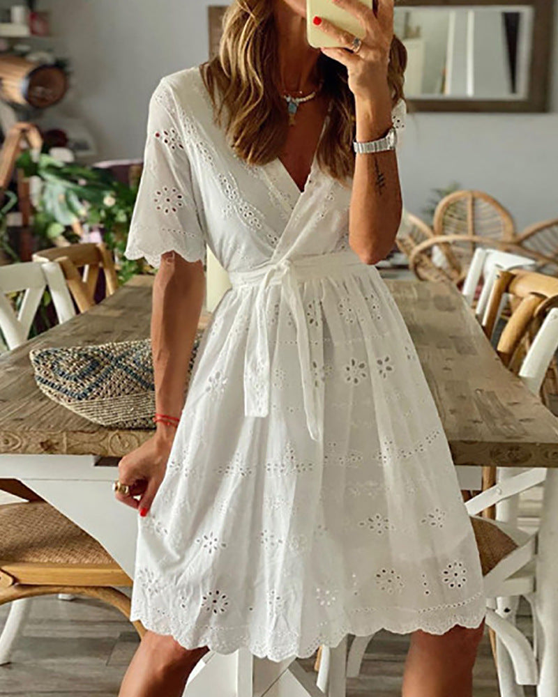 European And American Lace Cross Neck Dress