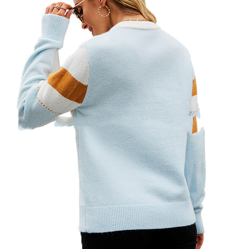 European And American Long Sleeved V-shaped Color Contrast Sweater Women