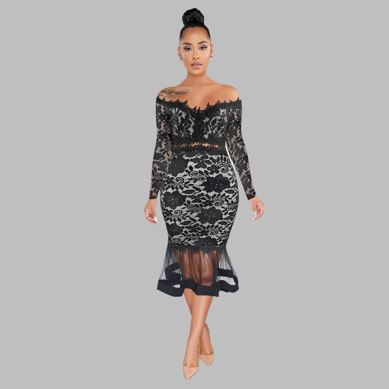 Women's European And American Long Sleeve Lace Mermaid Dress