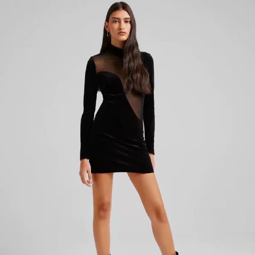 European And American Trendy High Neck Velvet Dress