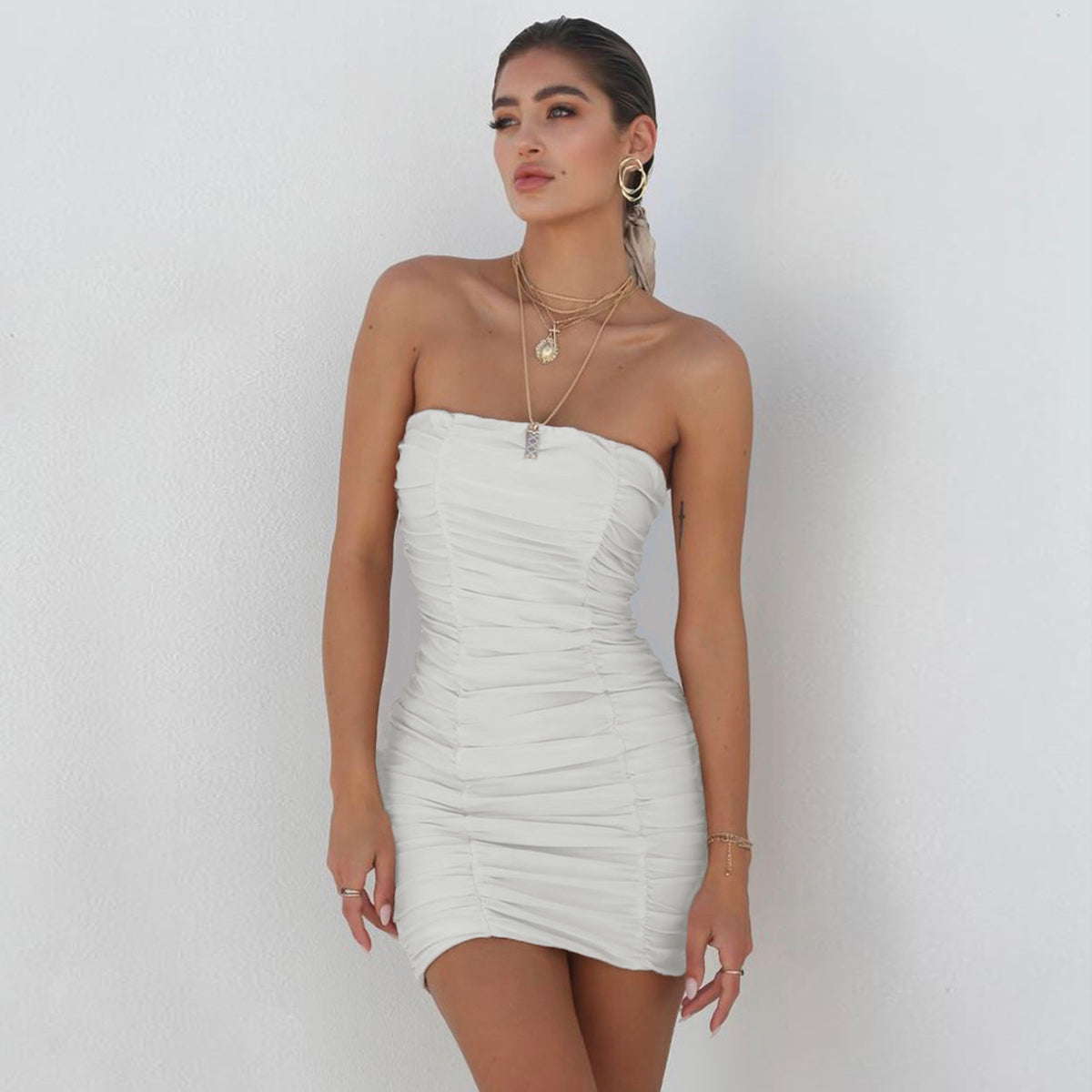 Sexy Tube Top Nightclub Pleated Hip Dress