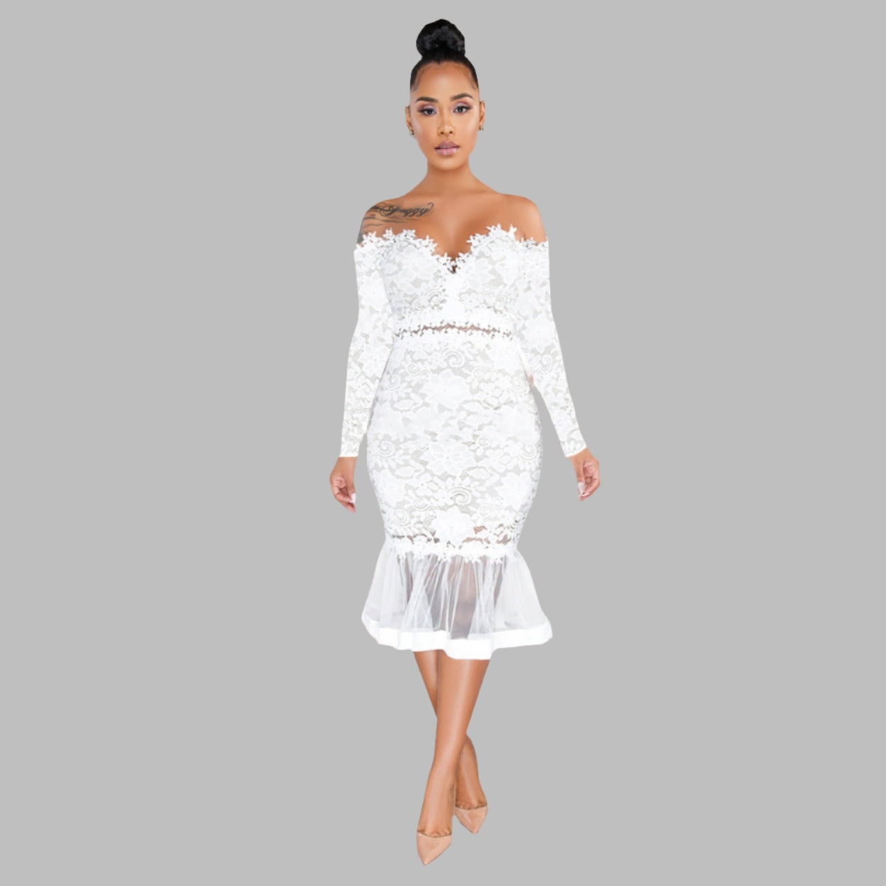 Women's European And American Long Sleeve Lace Mermaid Dress