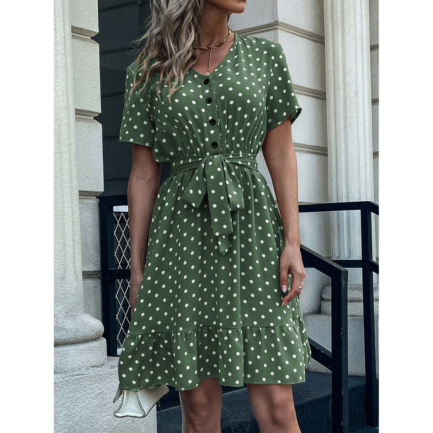 Women's V-Neck Short Sleeve Ruffle Polka Dot Dress