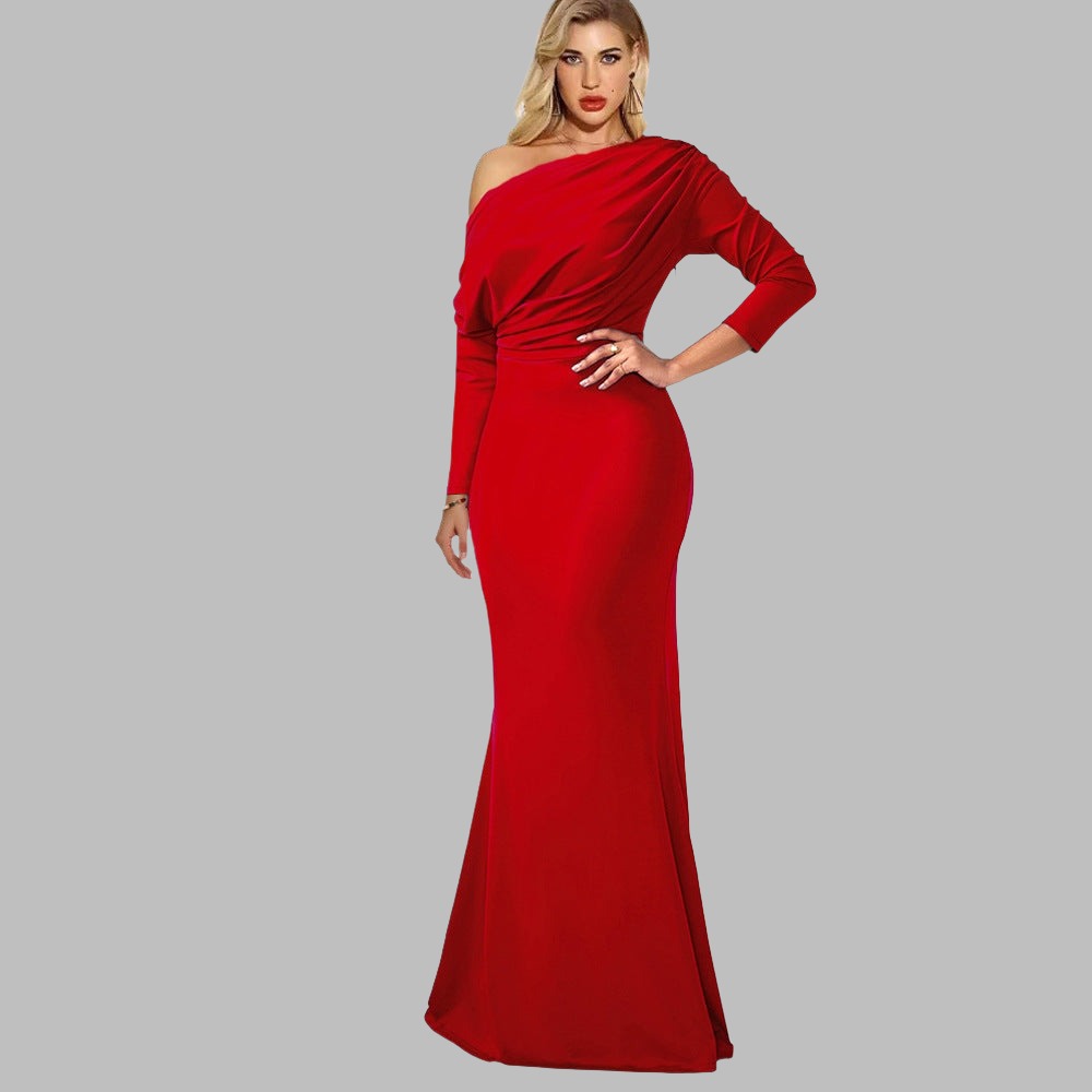 Women's European And American Pleated Evening Dress Long Sleeve Dress