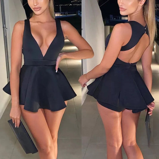 Women Mini Dress Zipper Shorts Bodycon Black Dresses