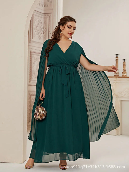 Elegant Dress Women's V-neck, Waist, Drift Sleeve, Green Long Dress