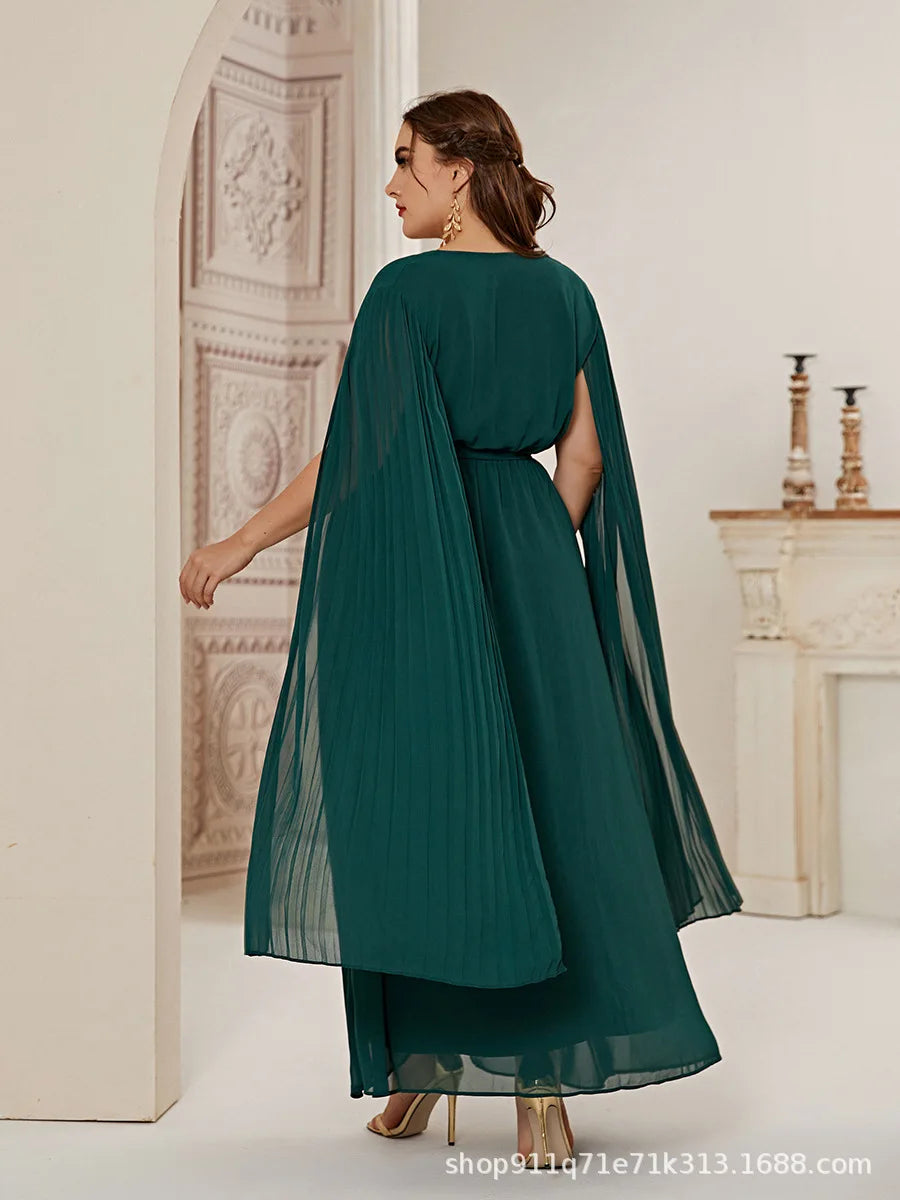 Elegant Dress Women's V-neck, Waist, Drift Sleeve, Green Long Dress