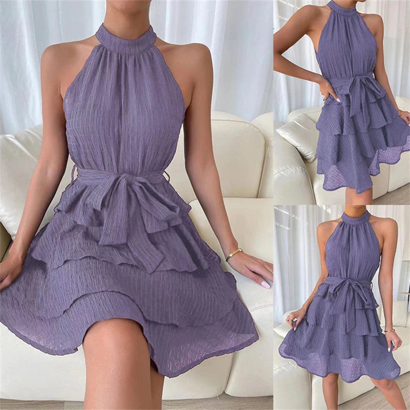 Dress Splice Sleeveless Ruffled Short Skirt Red Deep Blue Purple Black