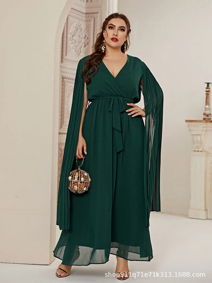 Elegant Dress Women's V-neck, Waist, Drift Sleeve, Green Long Dress