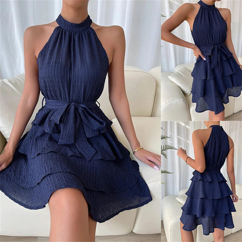 Dress Splice Sleeveless Ruffled Short Skirt Red Deep Blue Purple Black