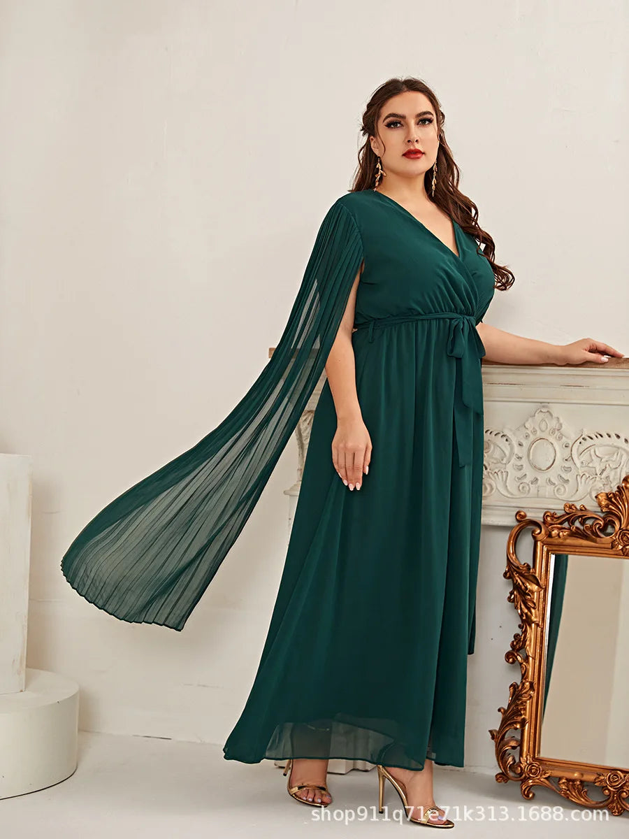 Elegant Dress Women's V-neck, Waist, Drift Sleeve, Green Long Dress