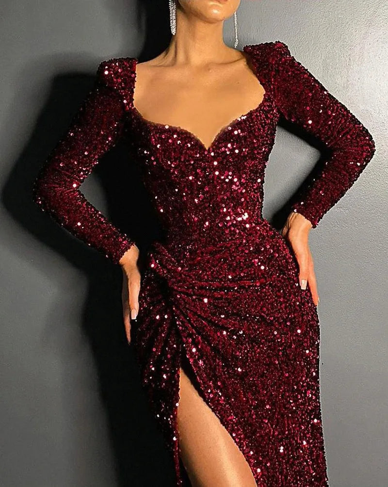 New European and American Women's Red Long Sleeve Sequins Dress