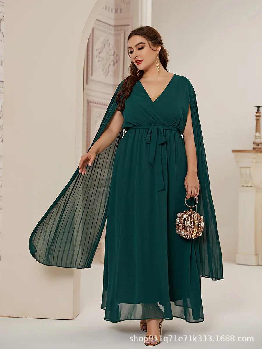 Elegant Dress Women's V-neck, Waist, Drift Sleeve, Green Long Dress