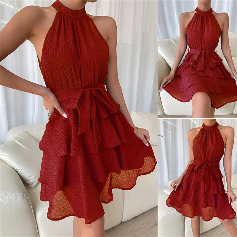 Dress Splice Sleeveless Ruffled Short Skirt Red Deep Blue Purple Black