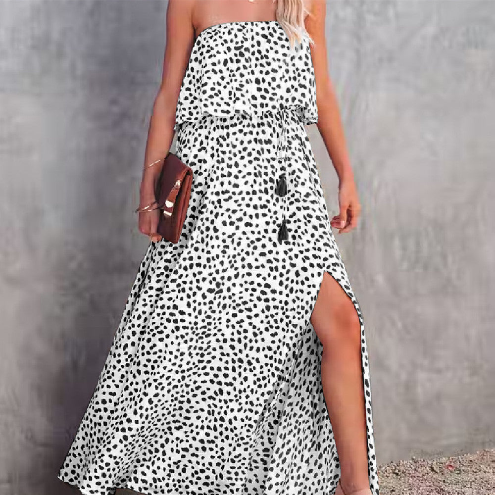 Leopard Print Floral-print Off-shoulder Ruffled Slit Dress