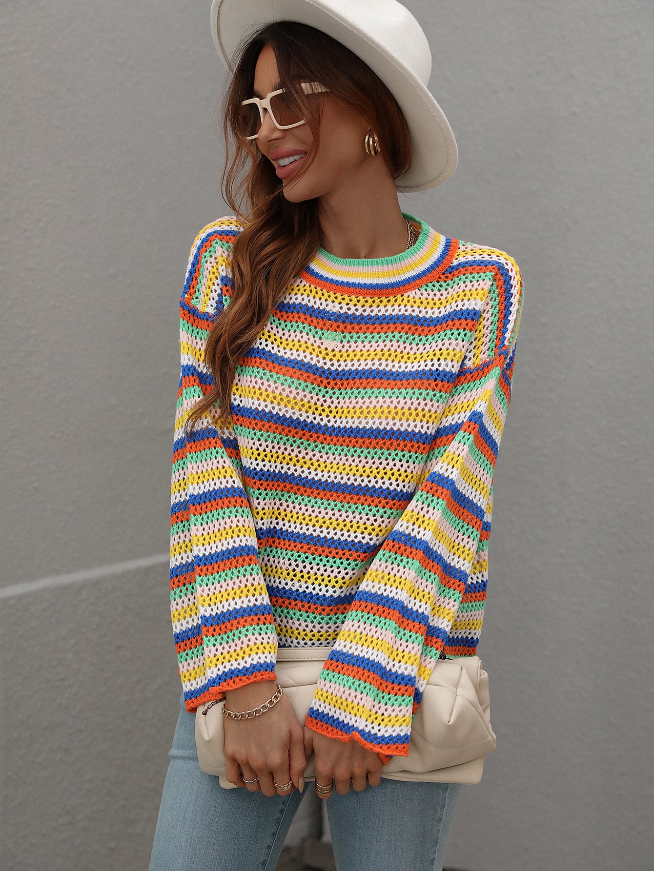 Women's Loose Cross-color Foreign Trade Round Neck Striped Sweater Women