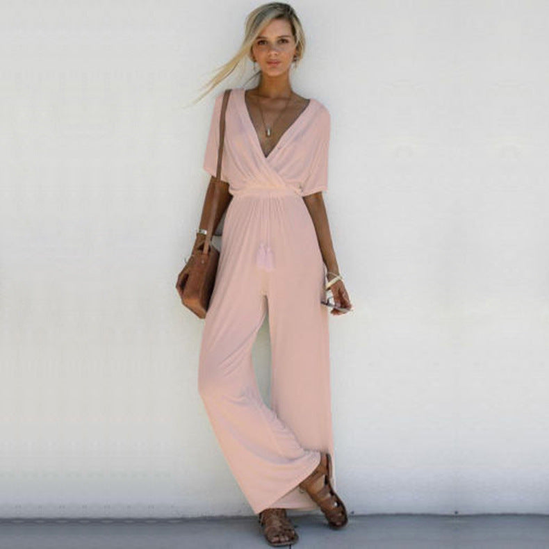 Ladies Casual Slim Wide Leg Tie Waist Jumpsuit