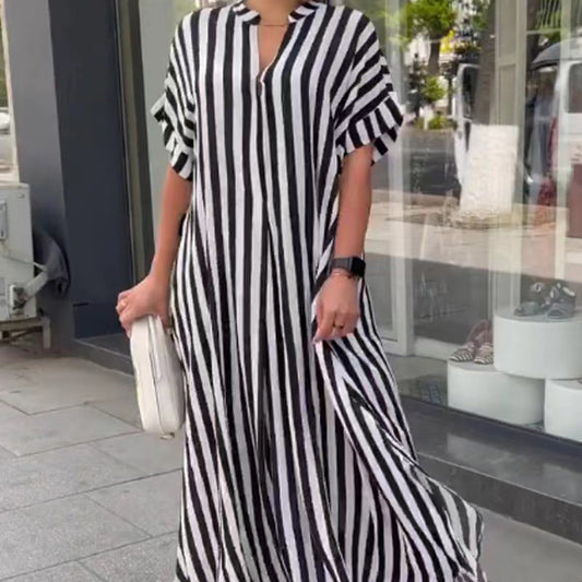 Women's Clothing Fashion Side Slit Striped Cardigan Short Sleeve Dress