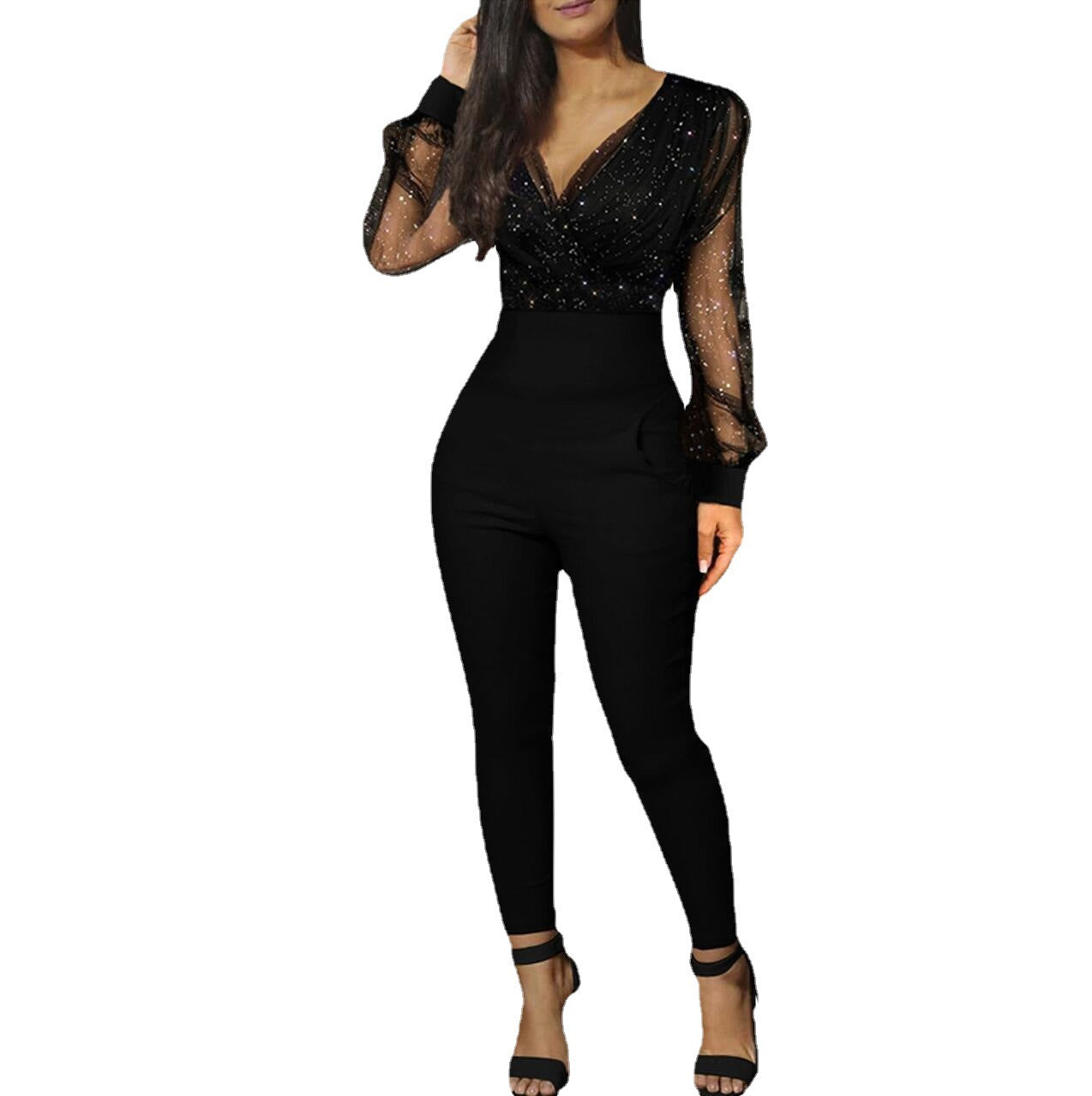 Ladies Fashion V-neck Sequins Mesh Long Sleeve Jumpsuit